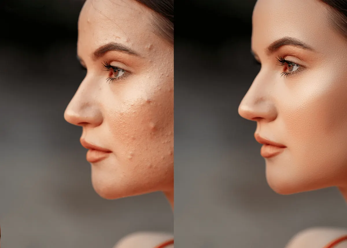 Before and after results from the Acne Healing Program at Safe Haven Spa showing dramatic skin improvement