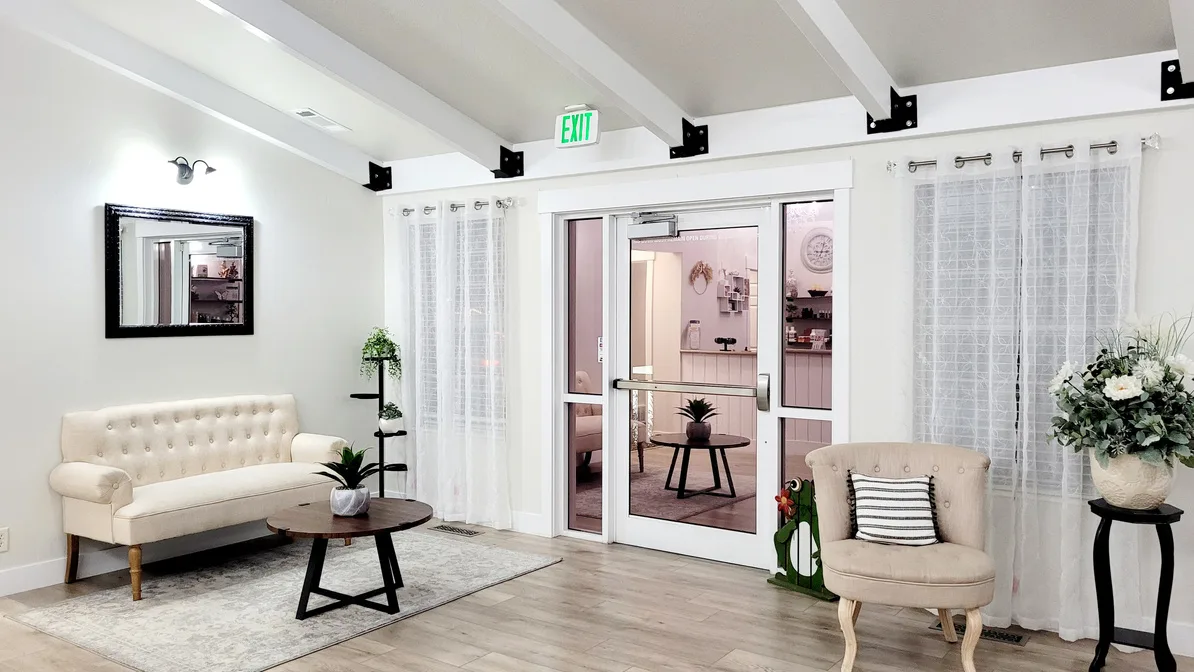 Elegant waiting area with tufted seating at Safe Haven Massage & Wellness Center, Springville UT